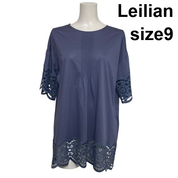 【中古】レリアン Leilian 上着トップ 半袖 カットワークレース ティーシャツ ラウンドのど首 綿織物 9 M 9号 レディース S6E430