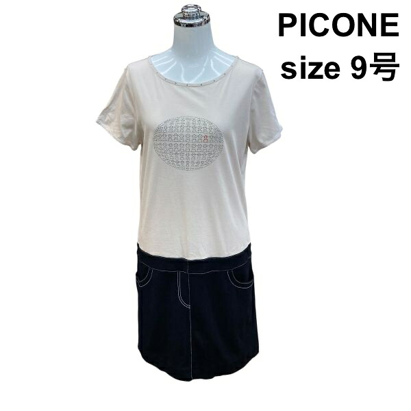 【中古】ピッコーネ STUDIO PICONE 縛衣裳 半袖 短艇のど首 膝丈 カットソー ベージュ 黒 綿混 38 M 9号 レディース Z6C838