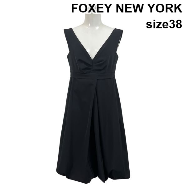 【中古】フォクシーニューヨーク FOXEY NEW YORK バルーンワンピース ノースリーブ ひざ丈 Vネック Aライン 黒 38 M 9号 レディース S6E359｜BRANKASTA 店