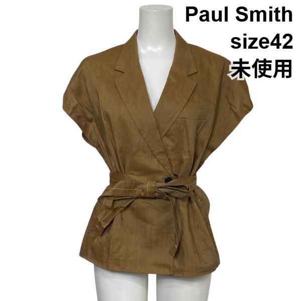 【中古】未当て嵌める 極点スミス Paul Smith ジャケットジレ より良い 半袖 テーラードカラー ダブル乳ぶさ 麻 42 XL 13号 レディース S6E413