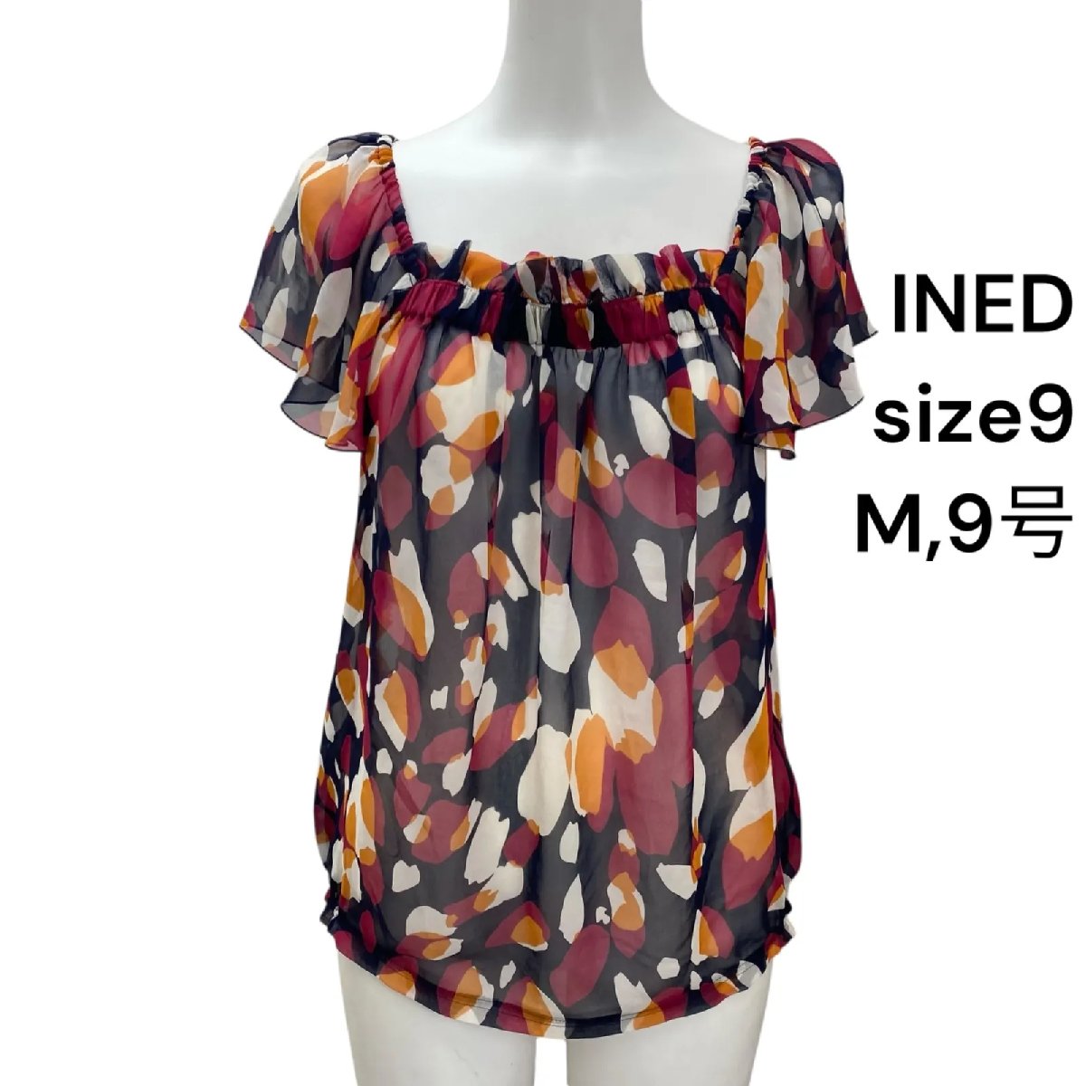 【中古】美品 イネド INED トップ プルオーバー カットソー 半袖 シアー 総柄 9、M、9号 レディース S5T161