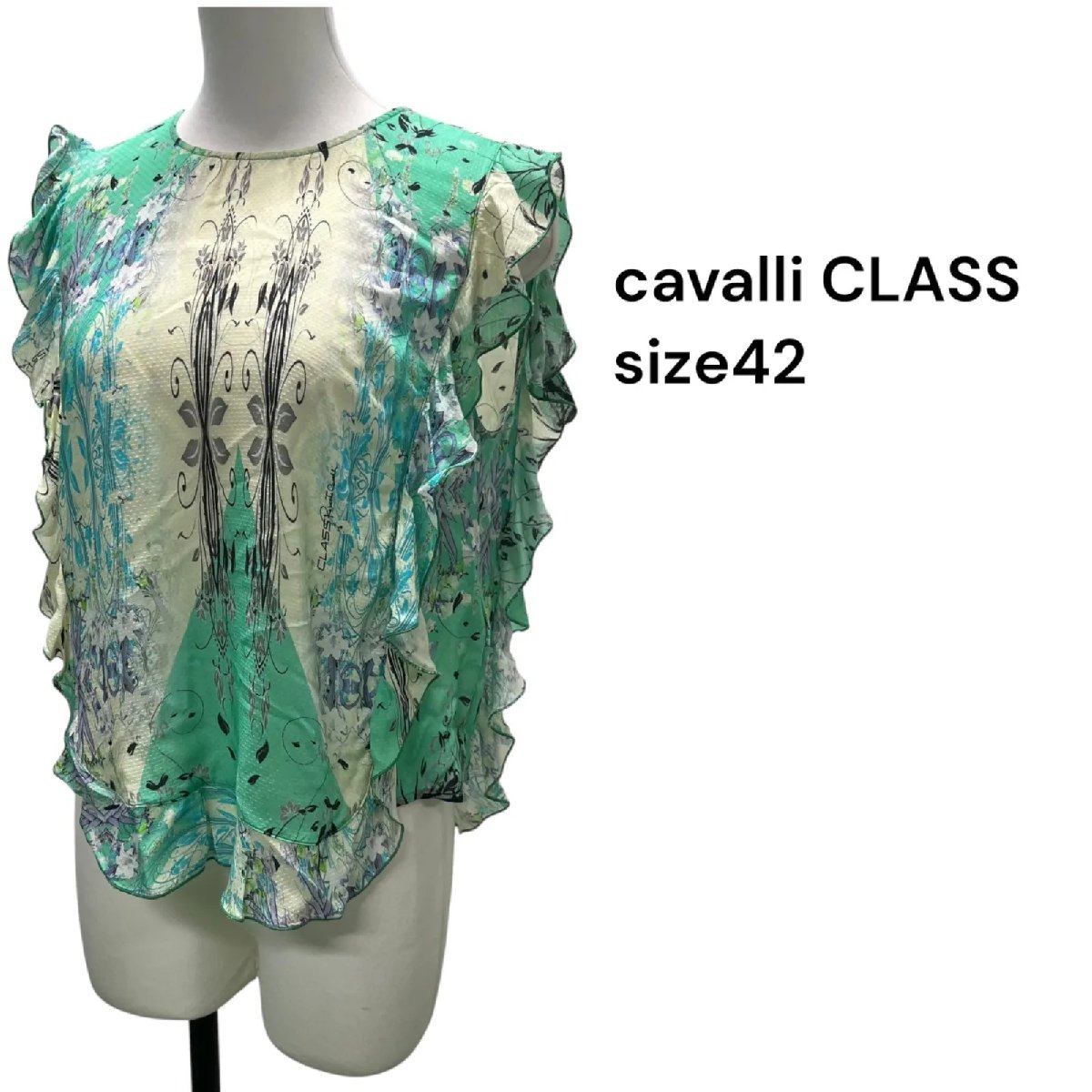 【中古】カヴァリ クラス CAVALLI CLASS ノースリーブ カットソー ブラウス ボタニカル グリーン アイボリー レディース size42 S5T318｜BRANKASTA 店