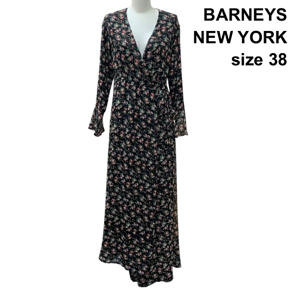 【中古】バーニーズニューヨーク BARNEYS マキシ衣裳 長袖 カシュクール風 酉の方角シュロの葉 花柄刷り上げる 黒地 38 M 9号 レディース Z6C914