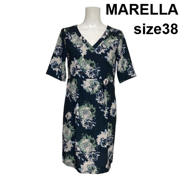 【中古】マレーラ MARELLA ひざ丈衣裳 御召しもの 五分袖 Vのど首 花柄 コクーンシルエット 黒 マルチ色合い 38 M 9号 レディース S6E493