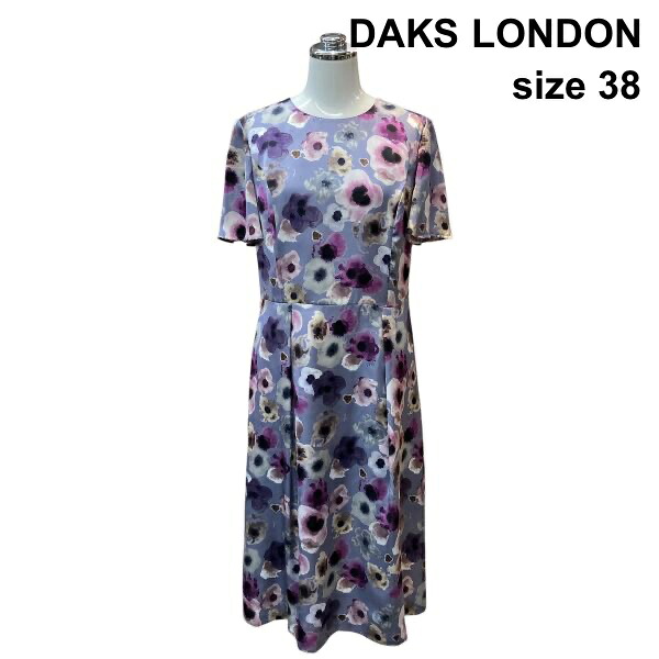 【中古】ダックス Daks 刷り上げる衣裳 ラウンドのど首 半袖 ミモレ丈 花柄 裏地あり パープル 薄墨色 サクラ色 38 M 9号 レディース Z6C765