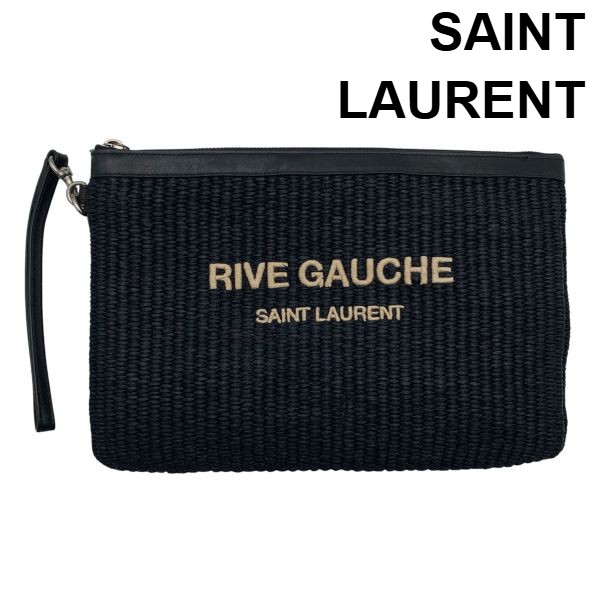 【中古】サンローラン SAINT LAURENT リヴ・ゴーシュ RIVE GAUCHE クラッチペダル御徒面子 二番目御徒面子 ロゴタイプ刺しゅう 黒 ラフィア なめし革 ユニ一発やる 6D273
