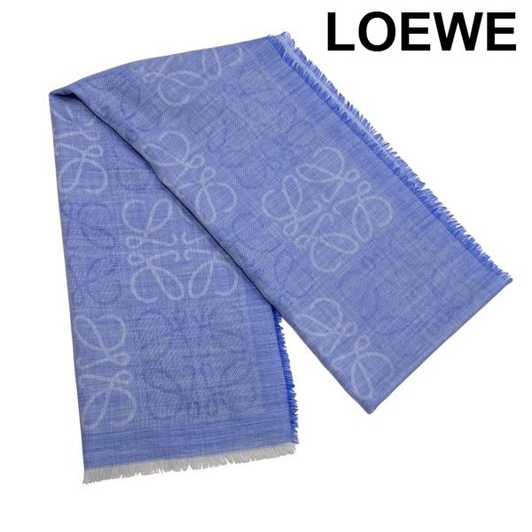 【中古】ロエベ LOEWE 大判袈裟 肩かけ アナグラムロゴ フリンジ ジャカード織り 水色 羊毛 地絹 カシミヤ ユニ一発やる 6D278
