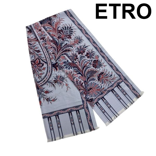 【中古】エトロ ETRO 肩かけ 大判袈裟 ペイズリー柄 ピン縞模様 草木柄 フリンジ 白 米国海軍 マルチ色つや 地絹100 レディース 6D277