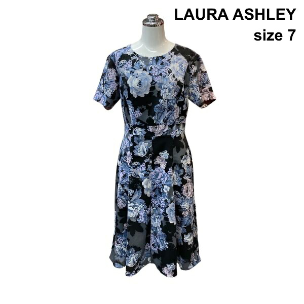 【中古】ローラアシュレイ Laura Ashley 衣裳 半袖 短艇のど首 ミモレ丈 花柄刷り上げる 裏地あり 黒 青 薄墨色 7 S～M レディース Z6C767