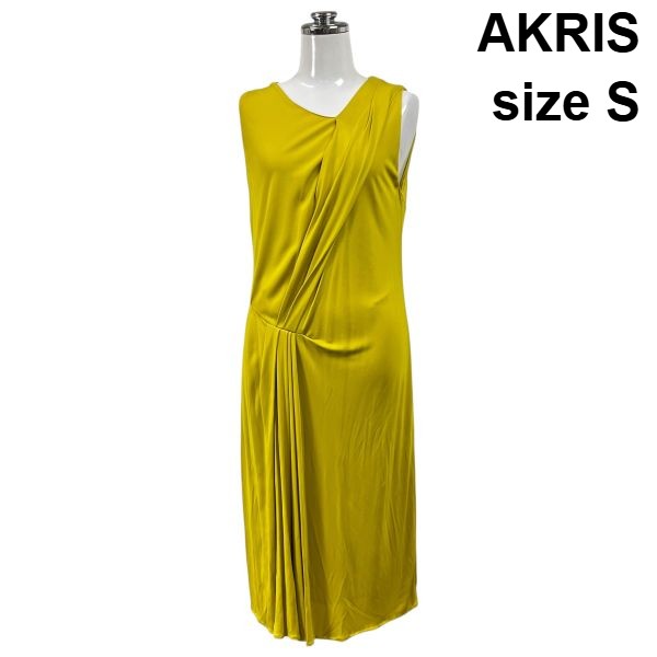 【中古】アク木鼠 AKRIS 衣裳 ドレープドレス ミモレ丈 ノースリーブ きつい ギャザー 黄味がかった US6 S 7号 レディース S6E472