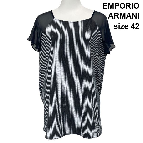 【中古】エンポリオアルマーニ EMPORIO ARMANI 絹地混 縞模様柄トップ 半袖 シアー 綿 麻 絹地 42 L～XL 13-15号 レディース S6E560
