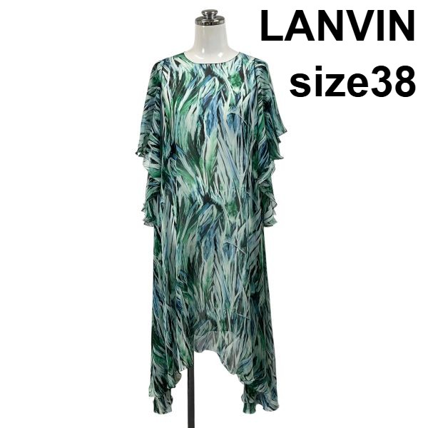【中古】ランバン LANVIN 衣裳 五分袖 ミモレ丈 ラウンドのど首 ボタニカル柄 フラウンス 透け感 緑であること 絹 38 M 9号 レディース S6E514