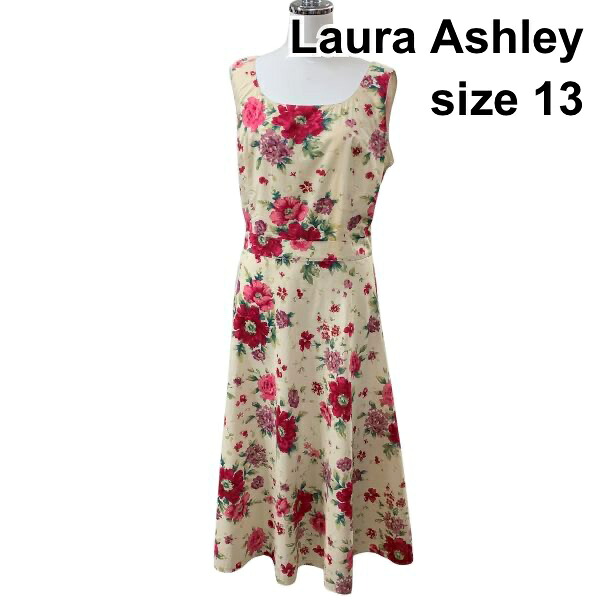 【中古】ローラアシュレイ Laura Ashley ロング衣裳 ノースリーブ 太陽面爆発 刷り上げる 花柄 ベージュ サクラ色 綿 13 L～XL レディース Z6C189