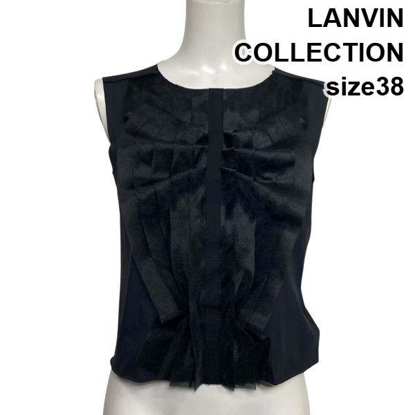 【中古】ランバンコレクション LANVIN ノースリーブトップ ティーシャツ 立体フラウンス ラウンドのど首 カットオフ 黒 38 M 9号 レディース S6E542