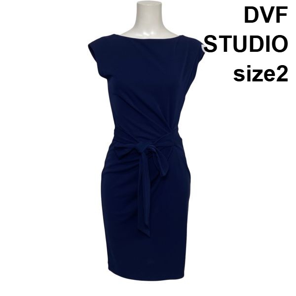 【中古】ダイアンフォンファステンバーグスタジオ DVF ミモレ丈衣裳 御召しもの 半袖 きつい 酉の方角シュロの葉 紺 2 S 7号 レディース S6F048