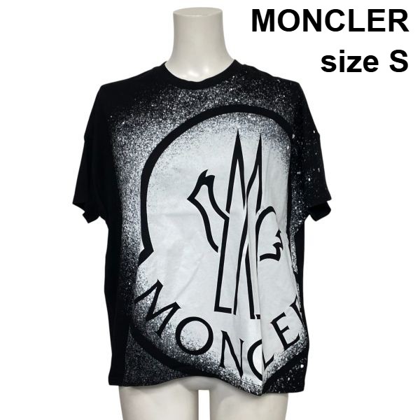 【中古】モンク軌跡 MONCLER 半袖カットソー ティーシャツ 労働者の一団のど首 ブランドロゴプリント 黒 白 綿織物 綿100％ S 7号 レディース S6F060