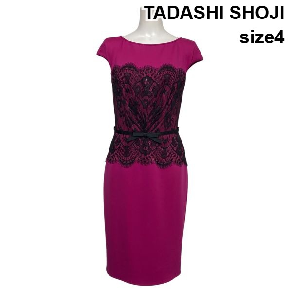 【中古】タダシショージ TADASHI SHOJI タイトドレス 衣裳 ミモレ丈 半袖 スピード競技 シュロの葉三尺帯 マゼンタ 4 L 11号 レディース S6E595