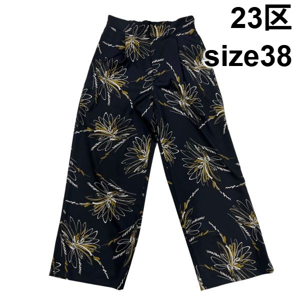 【中古】にじゅうさんく 23区 広広とした引っ切り無いズボン下 絵図調岩礁柄 総柄 向こう正面タック 黒 黒いこと 38 S 7号 レディース S6F027