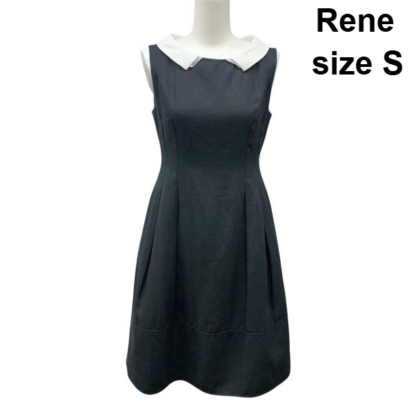 【中古】ルネ Rene 衣裳 ラウンド色つや ノースリーブ 太陽フレア 裏地あり 黒 白 麻 36 S 7号 レディース Z6C913