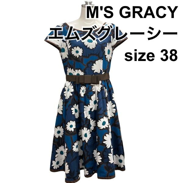 【中古】エムズグレイシー M'S GRACY プリントワンピース ボートネック フレンチスリーブ ミモレ丈 フレア 花柄 紺 綿混 38 M レディース Z6C54｜BRANKASTA 店 8,343円