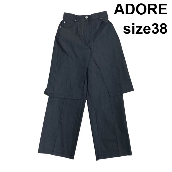 【中古】アドーア ADORE ストレッチパンツ ワイドパンツ デニムライク レイヤードデザイン 黒 ブラック 38 M 9号 レディース S6F116｜BRANKASTA 店