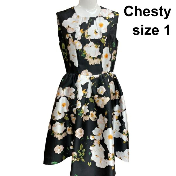【中古】チェスティ Chesty フレアワンピース ノースリーブ クルーネック 膝丈 ウエストギャザー 花柄 黒地 白他 1 S 7号 レディース Z6C779|BRANKASTA 店