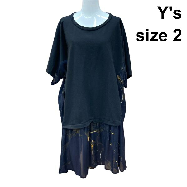 【中古】ワイズ Y's ドッキングワンピース 半袖 ラウンドネック 膝丈 シアー素材 異素材切替 黒 ネイビー 綿混 2 M 9号 レディース Z6C884|BRANKASTA 店