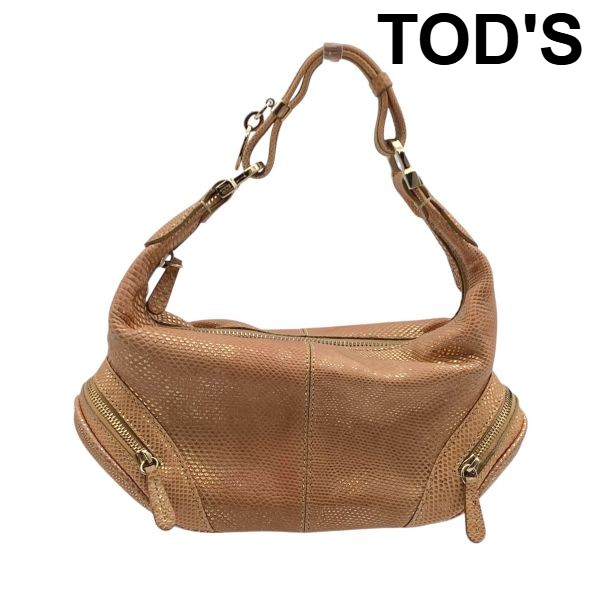 【中古】トッズ TOD'S ワンショルダーバッグ ハンドバッグ ホーボーバッグ メタリック加工 ロゴチャーム ブロンズカラー レザー レディース 6D306｜BRANKASTA 店
