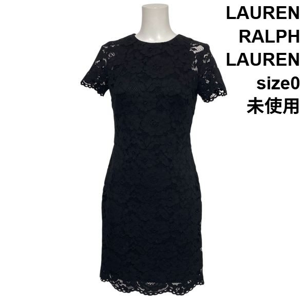 【中古】未使用 ローレンラルフローレン LAUREN 総レースワンピース ドレス 膝丈 半袖 シアー 花柄 黒 綿 コットン 0 S 7号 レディース S6F300｜BRANKASTA 店 7,794円