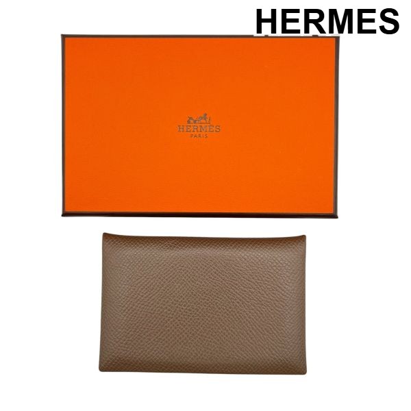 【中古】エルメス HERMES カルヴィ デュオ カードケース 小物 雑貨 W刻印 開閉式 スナップボタン エトゥープ レザー ユニセックス 6V619｜BRANKASTA 店