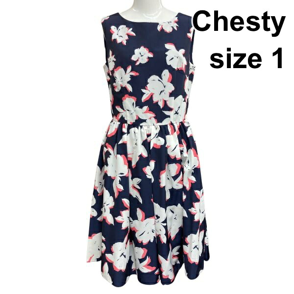 【中古】チェスティ Chesty フレアワンピース 膝丈 ボートネック ノースリーブ 切替えギャザー ネイビー 白 ピンク 1 S 7号 レディース Z6C797｜BRANKASTA 店