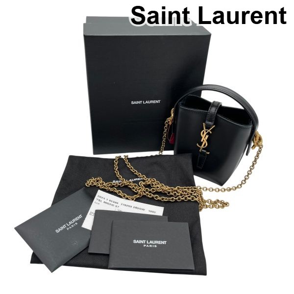 【中古】サンローラン Saint Laurent ミニショルダー バケットバッグ LE 37 マイクロ YSLモノグラム ゴールド金具 黒 レザー レディース 6V643｜BRANKASTA 店