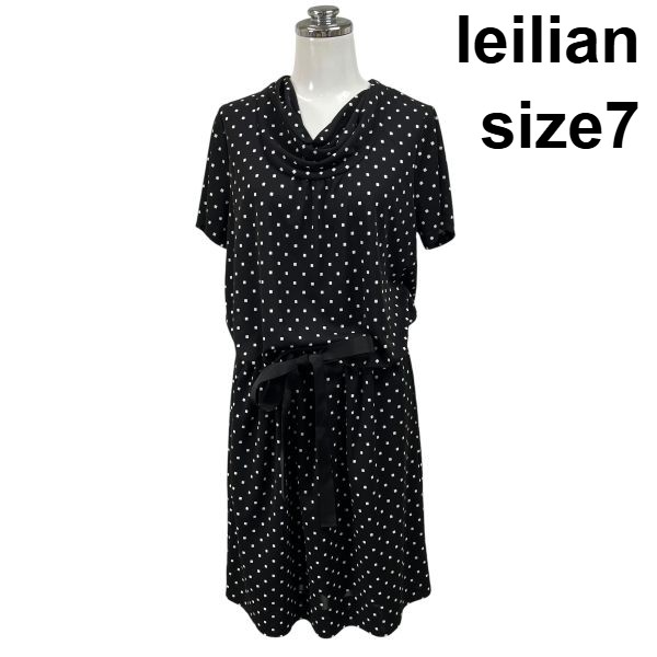 【中古】レリアン leilian ワンピース ミモレ丈 半袖 ドレープネック スクエアドット柄 ウエストリボン 透け感 黒 7 M 9号 レディース S6F426|BRANKASTA 店