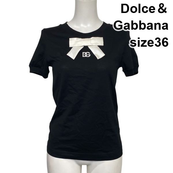 【中古】ドルチェアンドガッバーナ Dolce＆Gabbana Tシャツ 半袖カットソー リボン DGロゴ刺繍 黒 コットン100％ 36 S 7号 レディース S6F467｜BRANKASTA 店