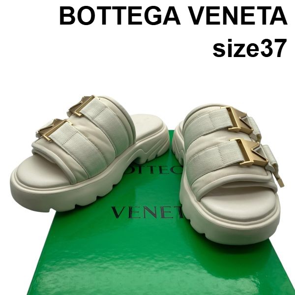 【中古】美品 ボッテガヴェネタ BOTTEGA VENETA フラッシュ 厚底サンダル ダブルベルト ベルクロ アイボリー レザー 37 約24cm レディース 6D328｜BRANKASTA 店