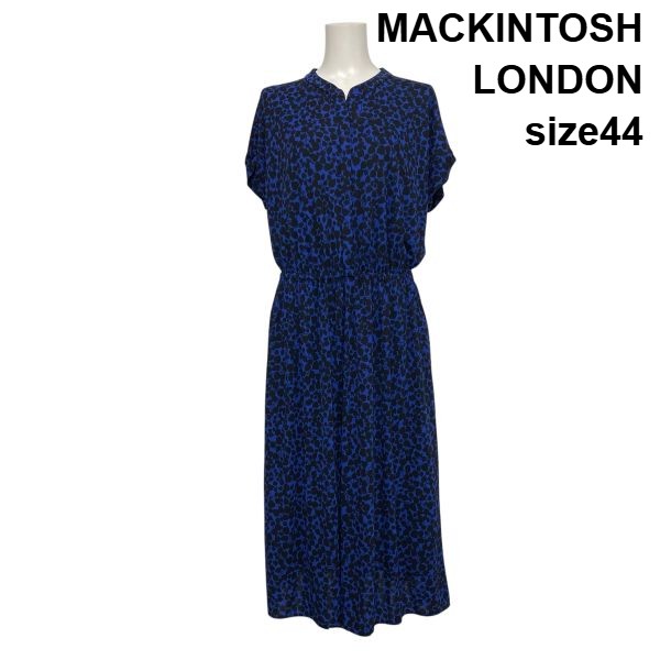 【中古】マッキントッシュロンドン MACKINTOSH ロングワンピース 半袖 フレンチスリーブ 総柄 フレア ブルー 黒 44 XL 13号 レディース S6F593|BRANKASTA 店