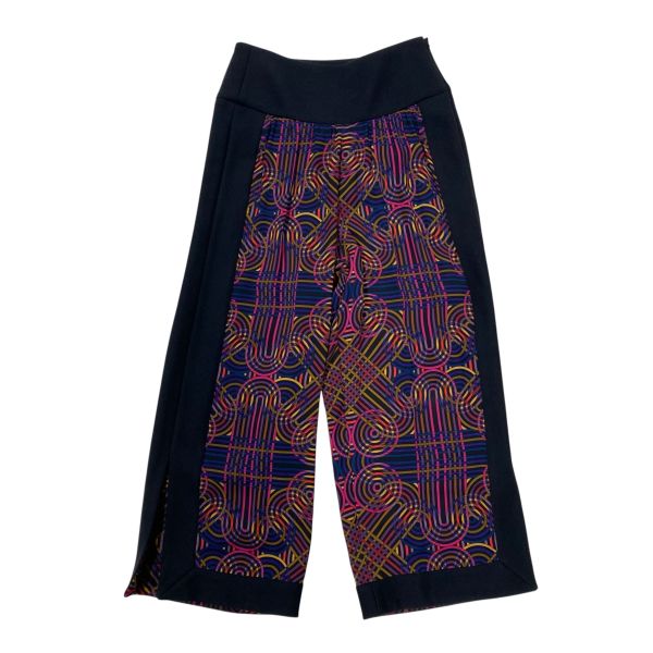 【中古】エルメス HERMES ワイドパンツ シルクツイル 幾何学模様 異素材 カレグラフィック 黒 マルチカラー 絹 毛 34 S 7号 レディース S6H005|BRANKASTA 店