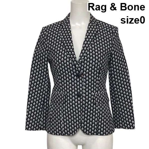 【中古】ラグアンドボーン Rag & Bone テーラードジャケット ブレザー 長袖 シングルブレスト 総柄 黒 白 綿 毛 0 S 7号 レディース S6H100｜BRANKASTA 店