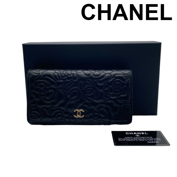 【中古】シャネル CHANEL ロングフラップウォレット 長財布 カメリアエンボス 椿 ココマーク CCマーク 黒 ブラック ラムレザー レディース 6D356｜BRANKASTA 店 59,268円