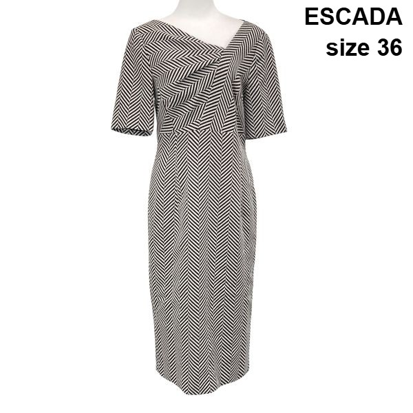 【中古】エスカーダ ESCADA ワンピース 半袖 ミモレ丈 タイトシルエット ヘリンボーン柄 コットン シルク ウール 36 S 7号 レディース S6F746｜BRANKASTA 店