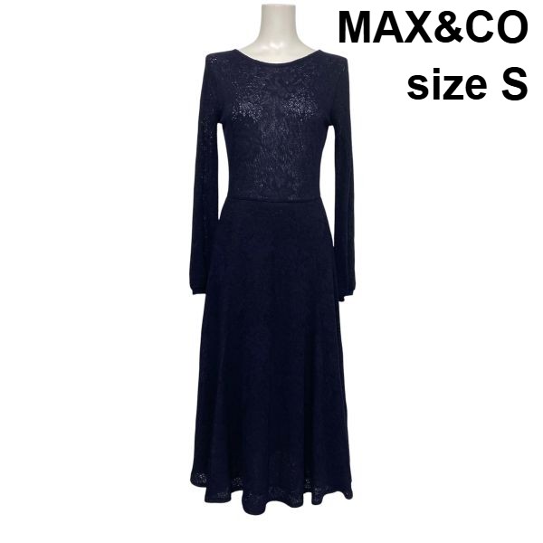 【中古】マックスアンドコー MAX&CO ロングワンピース 長袖 ニット レース Aライン 切替デザイン ネイビー ウール混 S 7号 レディース S6H177|BRANKASTA 店