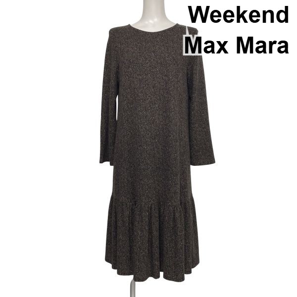 【中古】ウイークエンド Weekend ティアードフレアワンピース 長袖 ミモレ丈 メランジ・ツイード風 ダークブラウン L 11号 レディース S6G279｜BRANKASTA 店