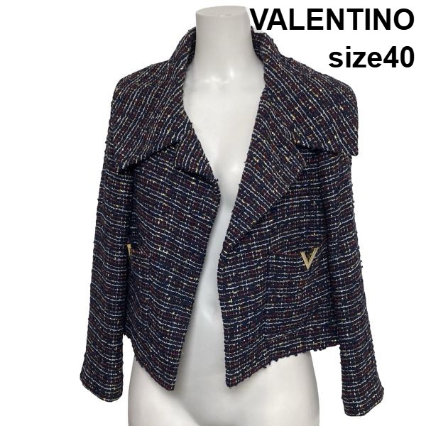 【中古】ヴァレンティノ VALENTINO ツイードジャケット 長袖 クロップド丈 Vロゴ ボタンレス ラメ 綿混 40 M~L 9~11号 レディース S6H378|BRANKASTA 店