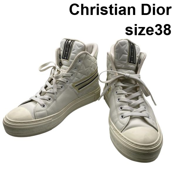 【中古】クリスチャンディオール Dior ハイカットスニーカー Walk'n'Dior スター 星柄 ロゴディティール 白 レザー 38 約25cm レディース 6D403|BRANKASTA 店
