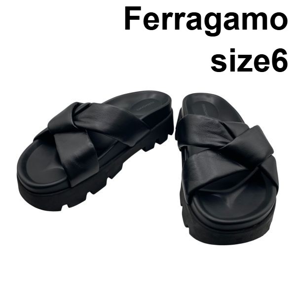 【中古】フェラガモ Ferragamo エアーラグ Air Lug サンダル スライドサンダル 厚底 クロスストラップ 黒 レザー 6 約23.5cm レディース 6D401｜BRANKASTA 店