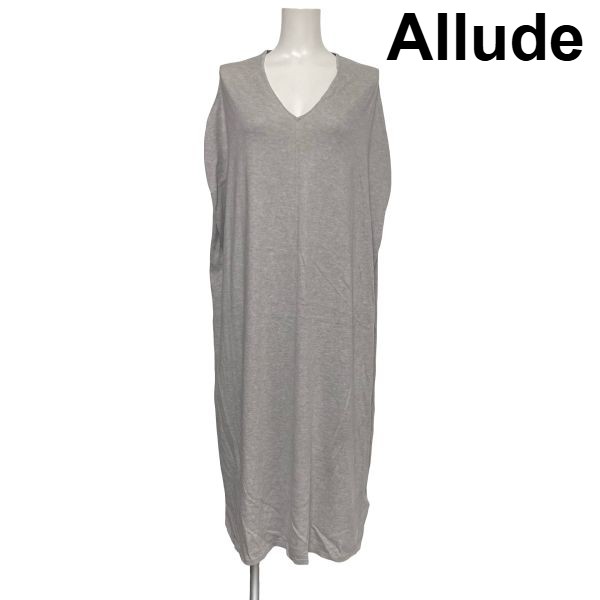 【中古】アリュード Allude ロングワンピース ニット 半袖 フレンチスリーブ Vネック ライトグレー 綿 カシミア XL 13号 レディース S6H498|BRANKASTA 店
