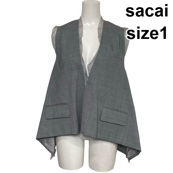 【中古】サカイ sacai スーツベスト ジレ ノースリーブ 変形フレア フリル プルオーバー グレー 白 ウール混 1 S 7号 レディース S6H561｜BRANKASTA 店