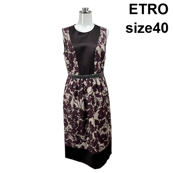 【中古】エトロ ETRO ワンピース ひざ丈 ノースリーブ ラウンドネック 花柄 総柄 パープル系 シルク ウール 40 M～L レディース S6H459｜BRANKASTA 店