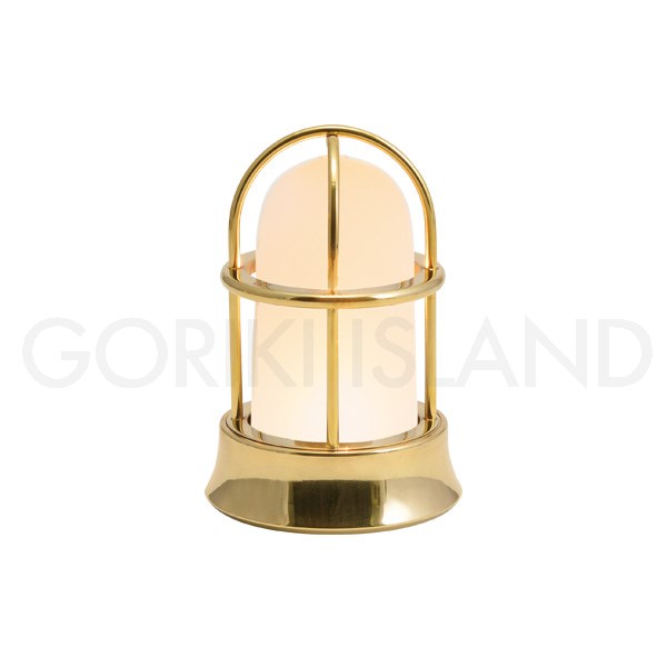 【在庫限り】 GORIKIISLAND BH1000MINI FR BLE≫スタンド ライト マリンランプ ランタン 船舶照明 フロストガラス 小型 真鍮製 乾電池式 おしゃれ レトロ アンティーク 室内用 LED 単4電池2個 磨き仕上げ 経年変色あり ゴールド 金色｜ゴーリキアイランドブラス