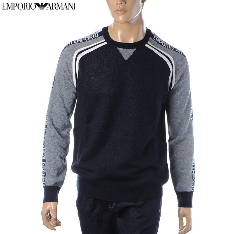 エンポリオアルマーニ EMPORIO ARMANI ニット セーター メンズ 6H1MTA 1MDFZ ネイビー 紺 クルーネック バージンウール ジャカード ロゴ 長袖 秋冬 カジュアル トップス インナー